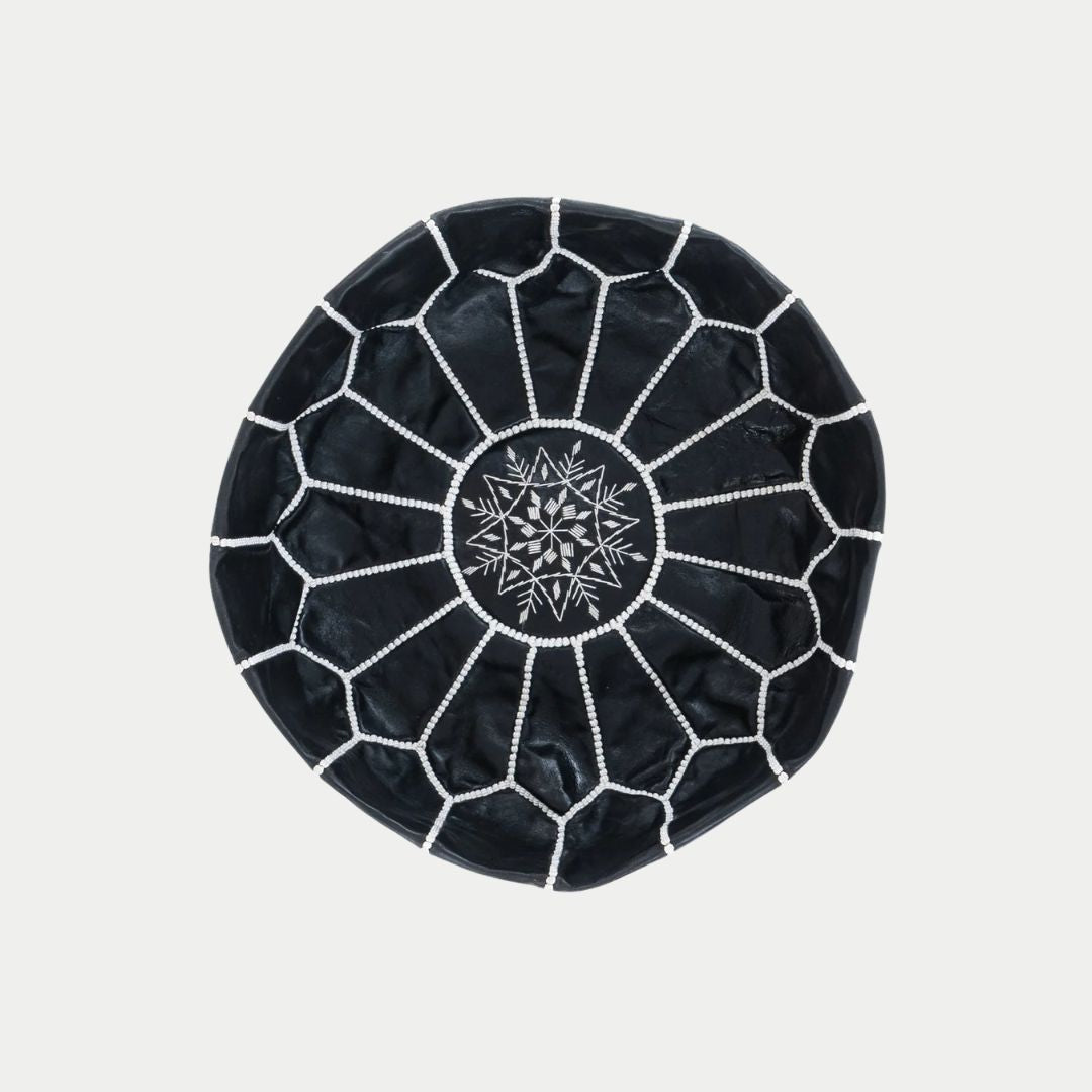 Handmade Moroccan Black and White Leather Pouf