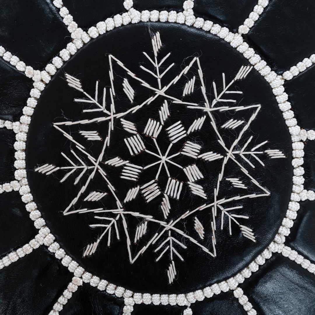 Handmade Moroccan Black and White Leather Pouf