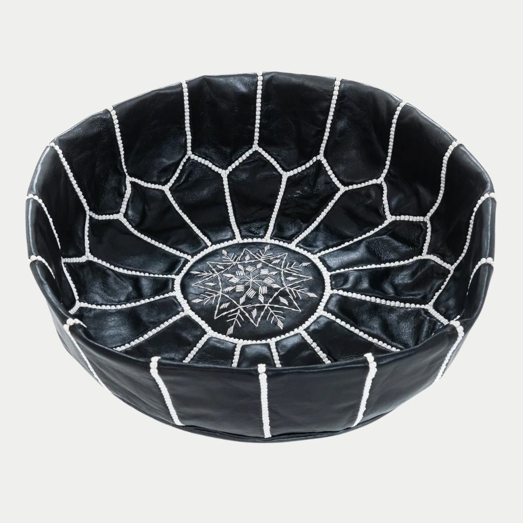 Handmade Moroccan Black and White Leather Pouf