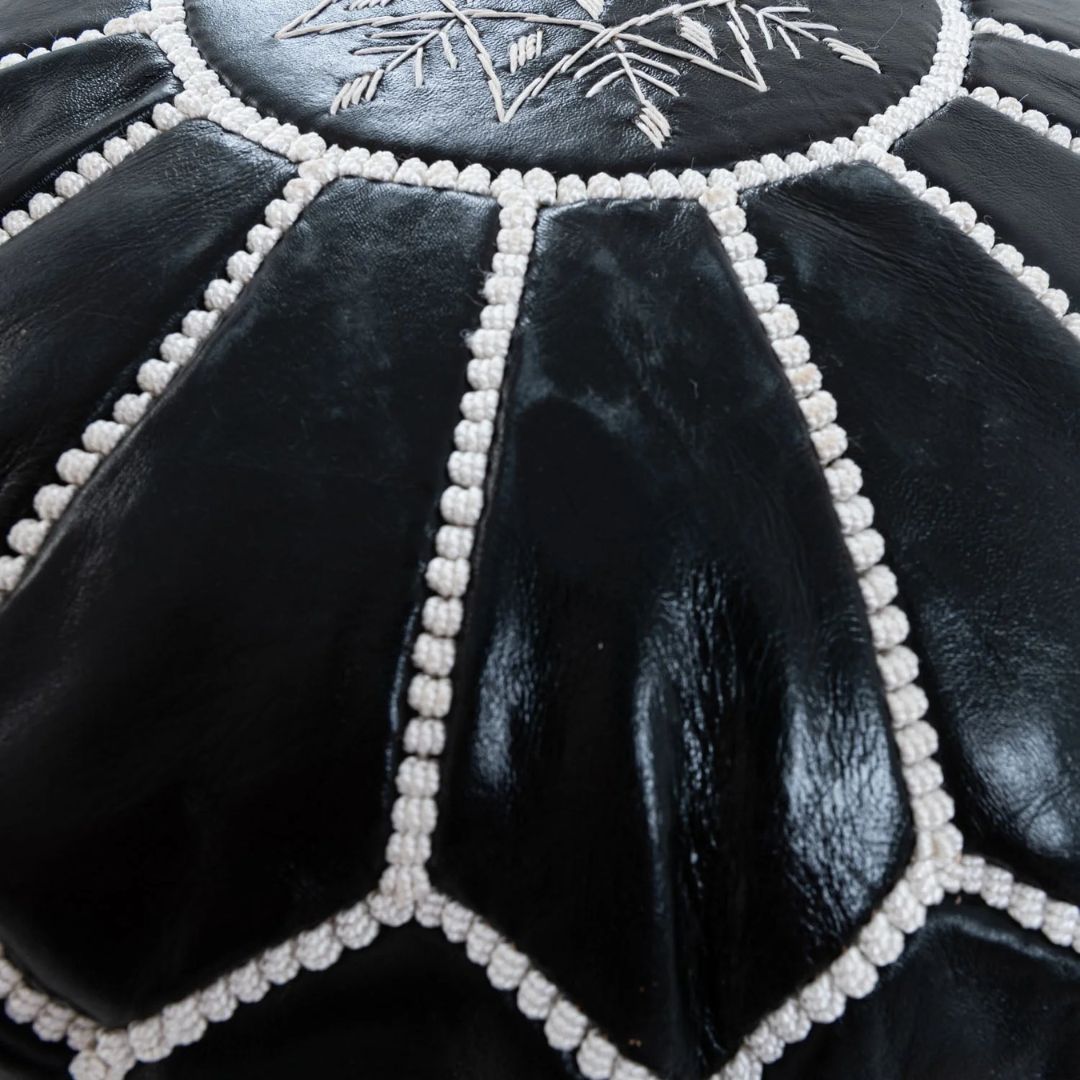 Handmade Moroccan Black and White Leather Pouf