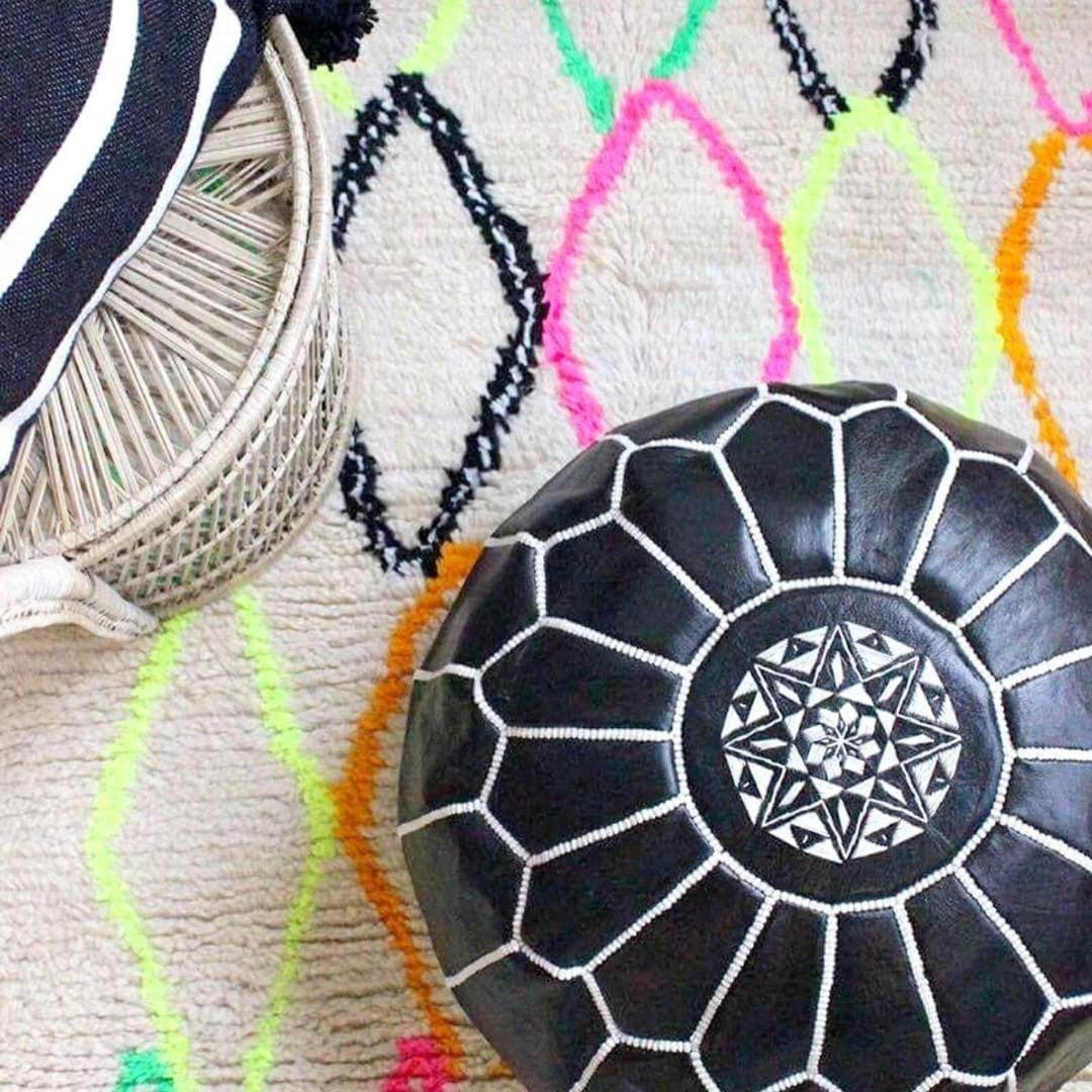 Handmade Moroccan Black and White Leather Pouf