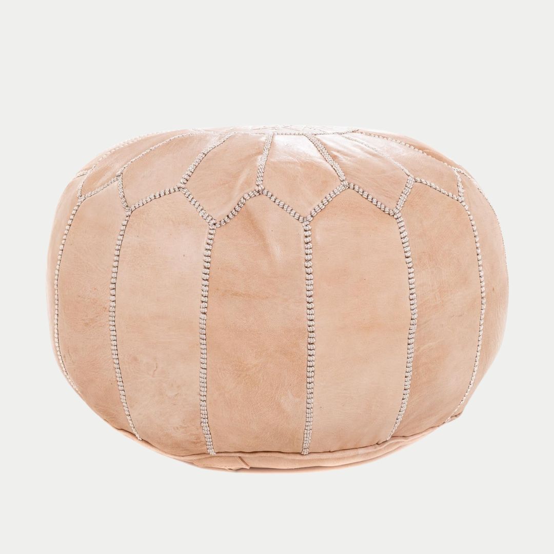 Handmade Moroccan Nude Leather Pouf