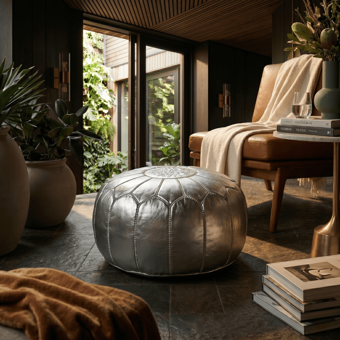 Silver Leather Pouf