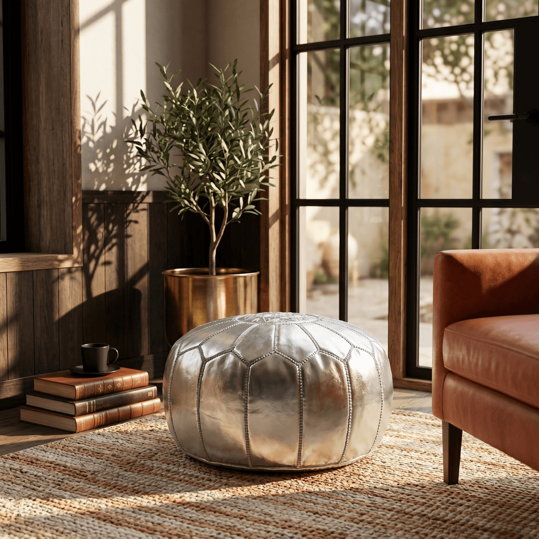 Silver Leather Pouf