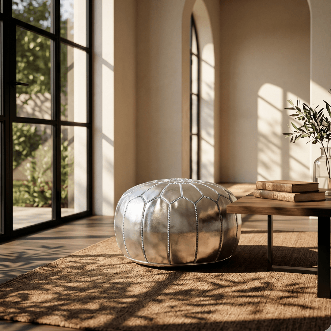 Silver Leather Pouf