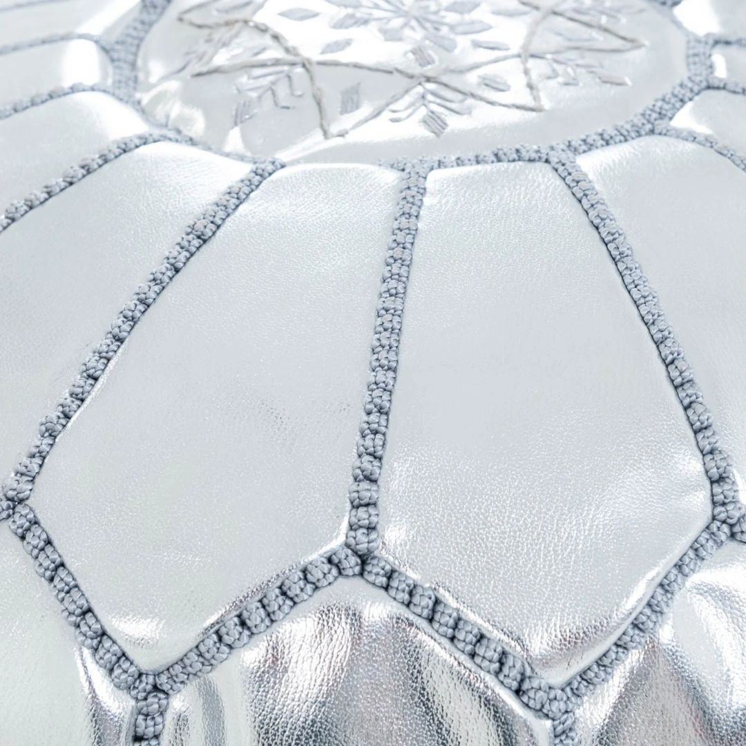 Handmade Moroccan Silver Leather Pouf