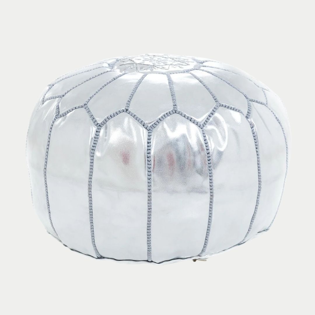 Handmade Moroccan Silver Leather Pouf