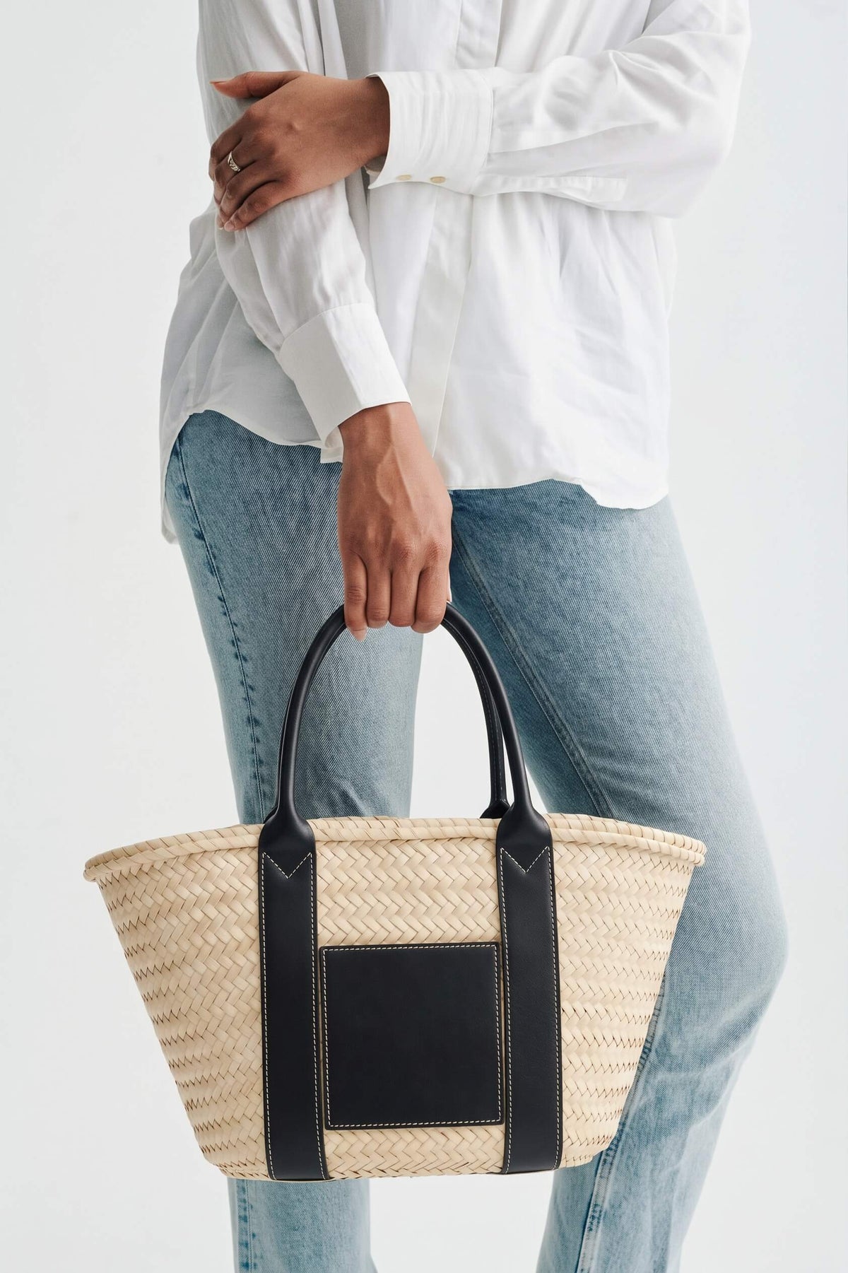 Hand-Woven Leather-Trimmed Tote in Black