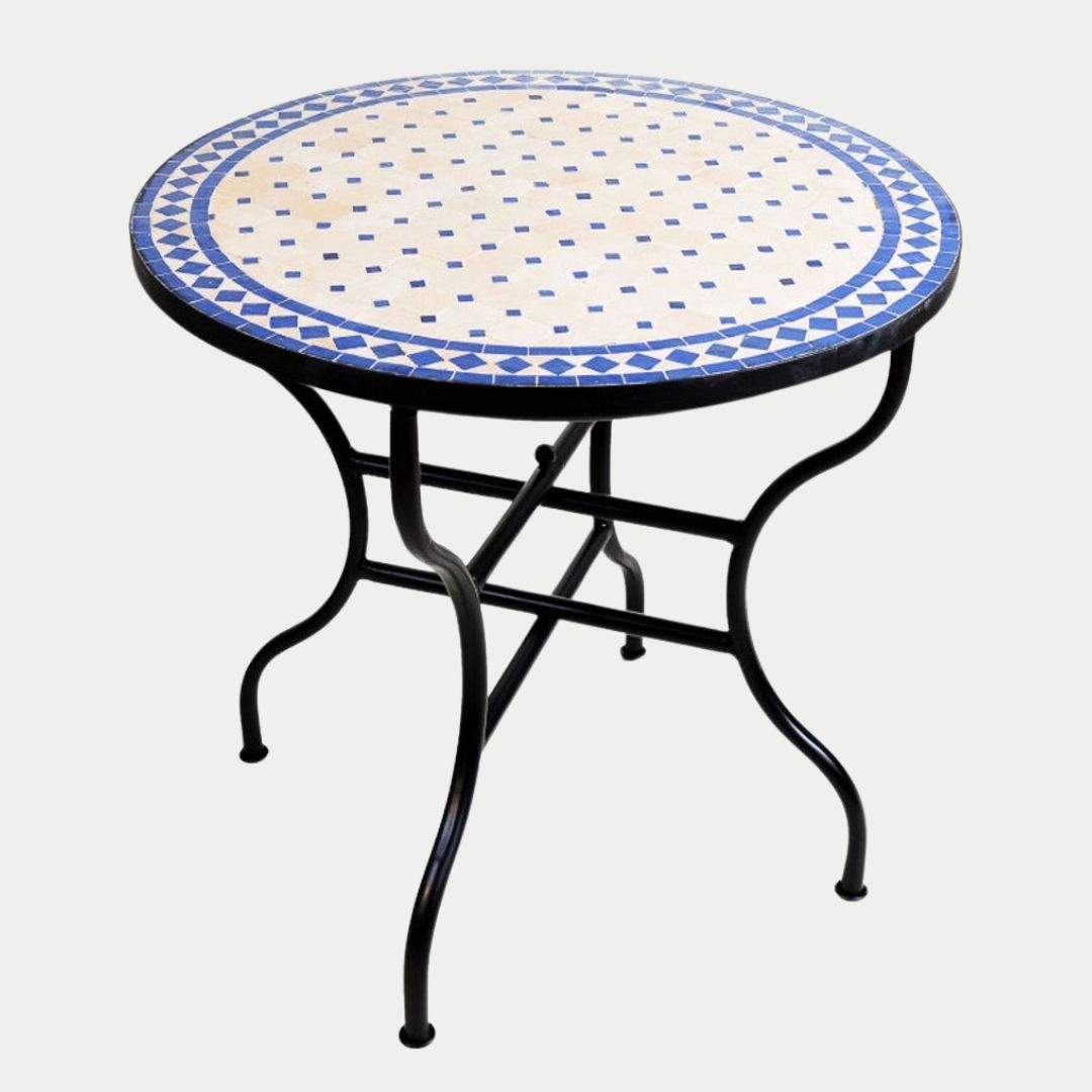 Tifratin - Handcrafted Moroccan Zellige Mosaic Tile Table – Blue Antique Outdoor Tiled Garden Table, Handmade Dining Table, or Coffee Table