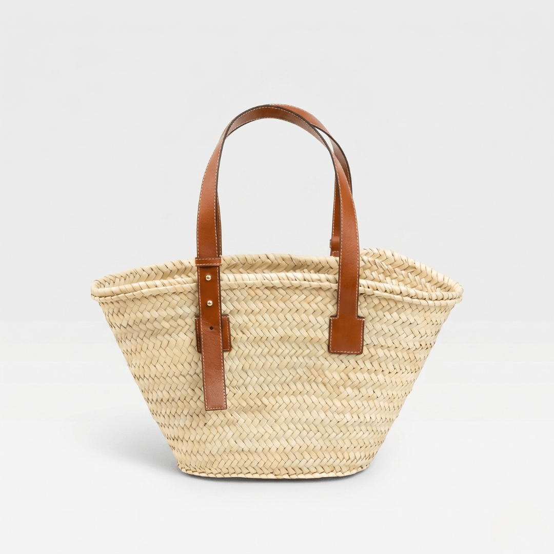 Authentic Moroccan Palm Leaf Market Basket | Camel leather