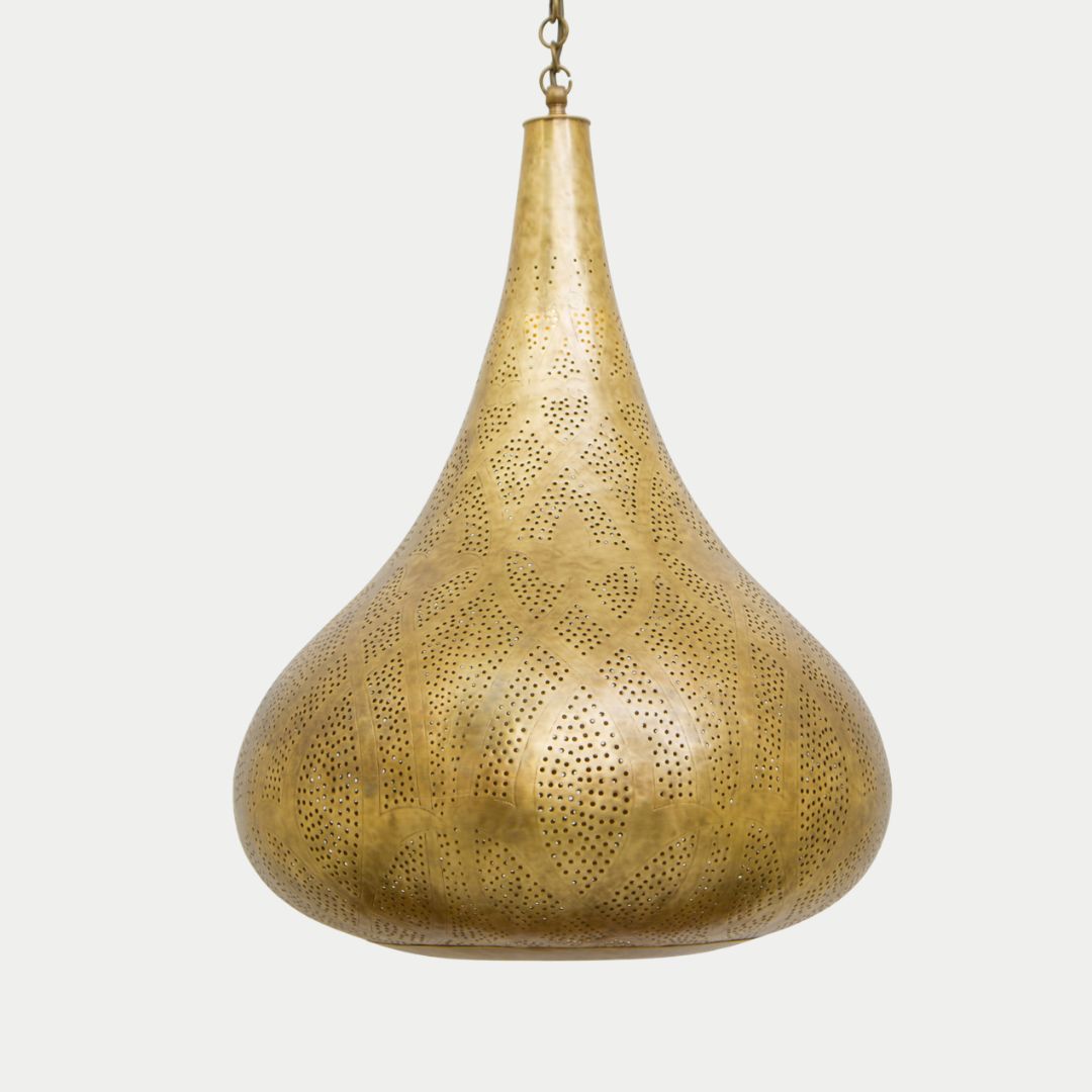 Fatema : Hand-Etched Moroccan Brass Teardrop Pendant Light