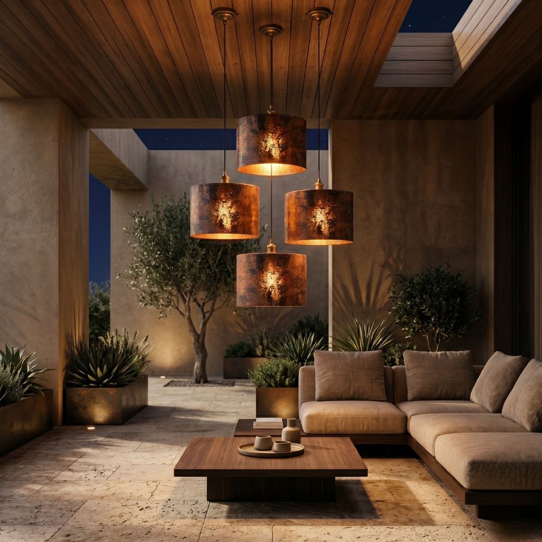 Artisan Oxidized Copper Drum Pendant Light | Hammered Patina