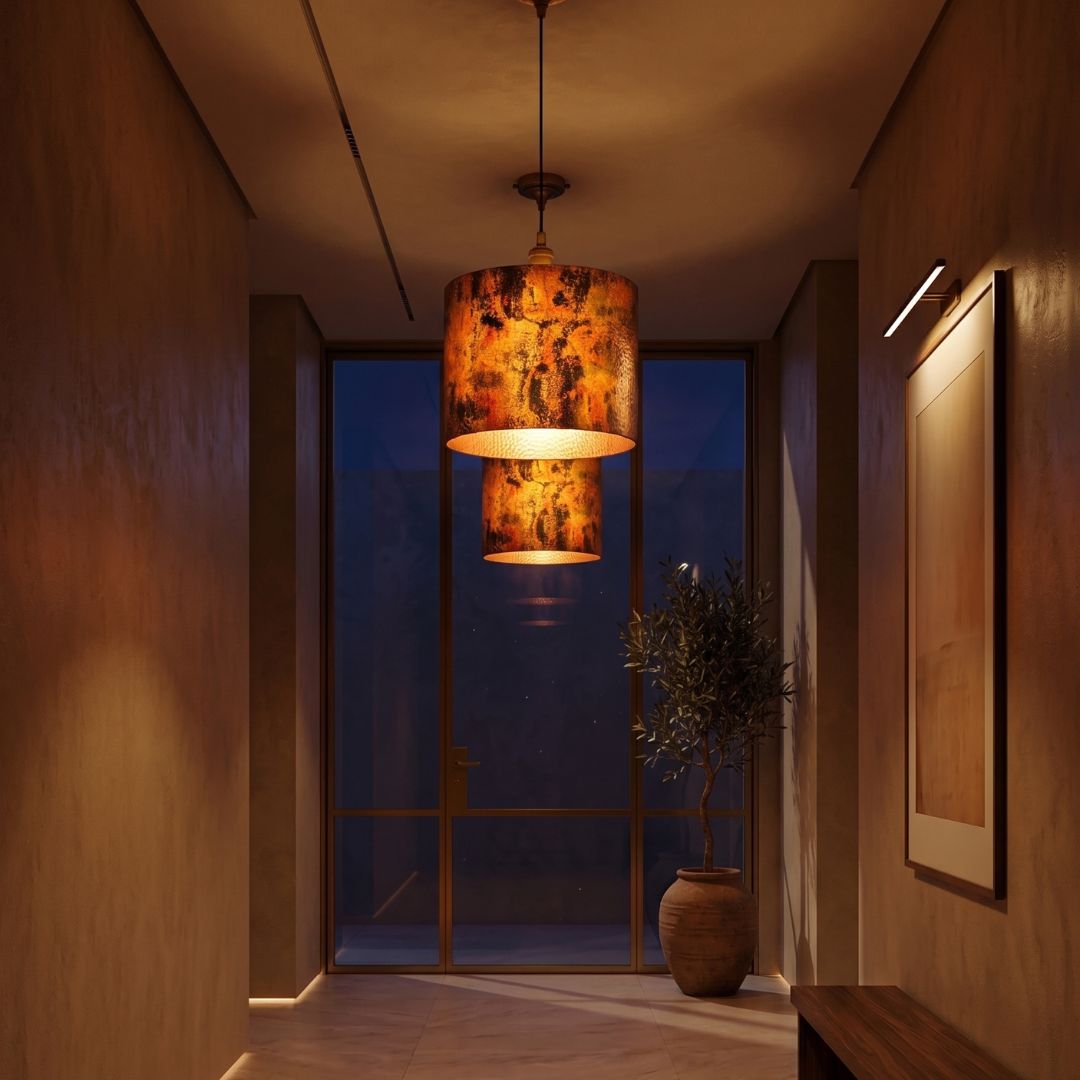 Artisan Oxidized Copper Drum Pendant Light | Hammered Patina