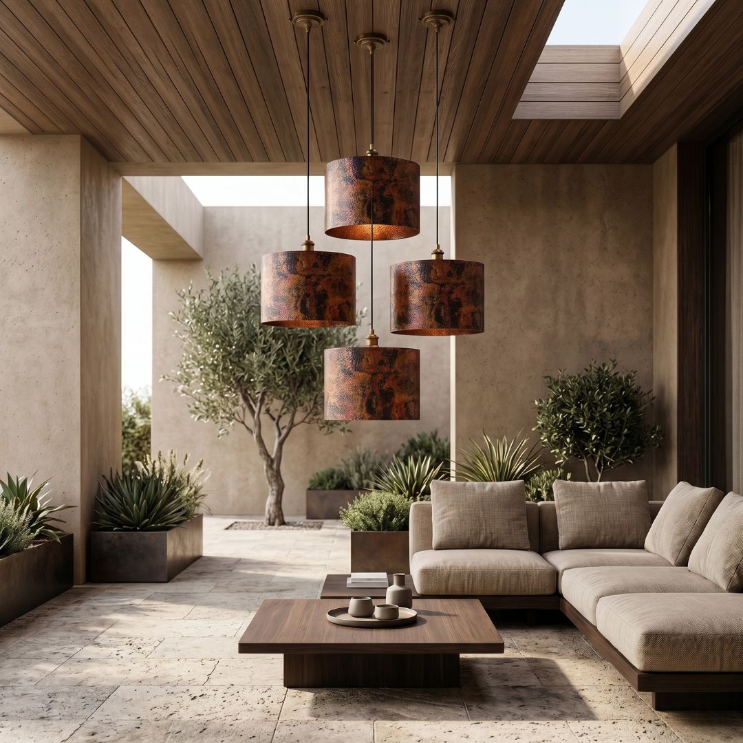 Artisan Oxidized Copper Drum Pendant Light | Hammered Patina