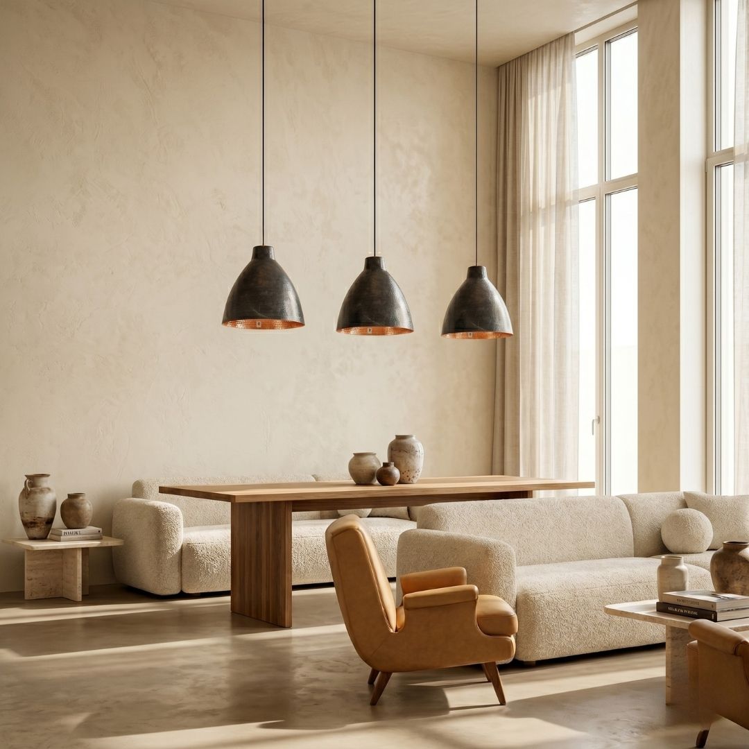 Hand-Hammered Black & Copper Dome Pendant Light