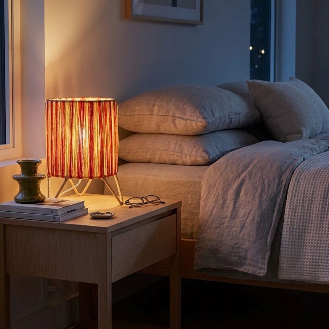 Striped Raffia Table Lamp – Woven Cylinder Tabletop Light