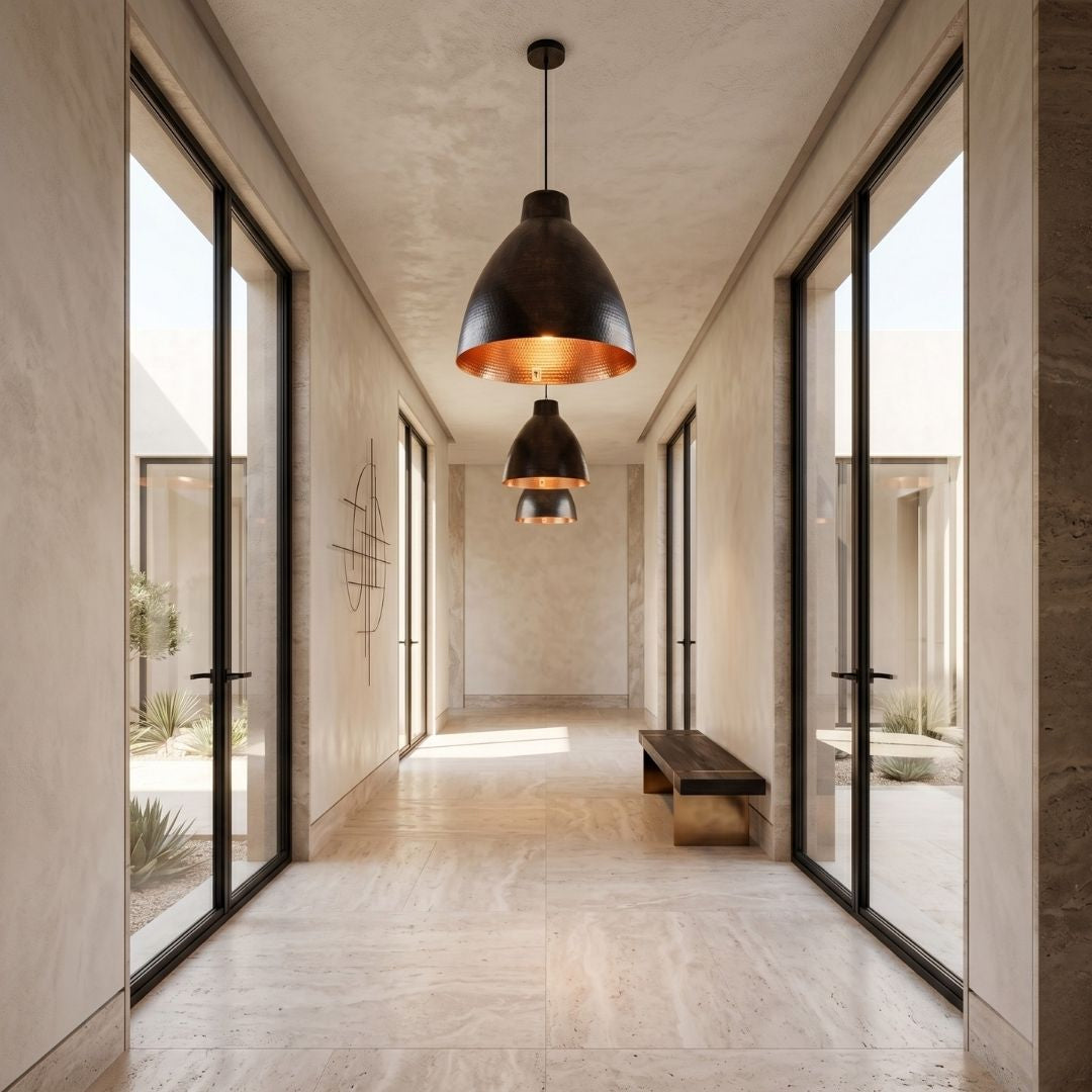 Hand-Hammered Black & Copper Dome Pendant Light