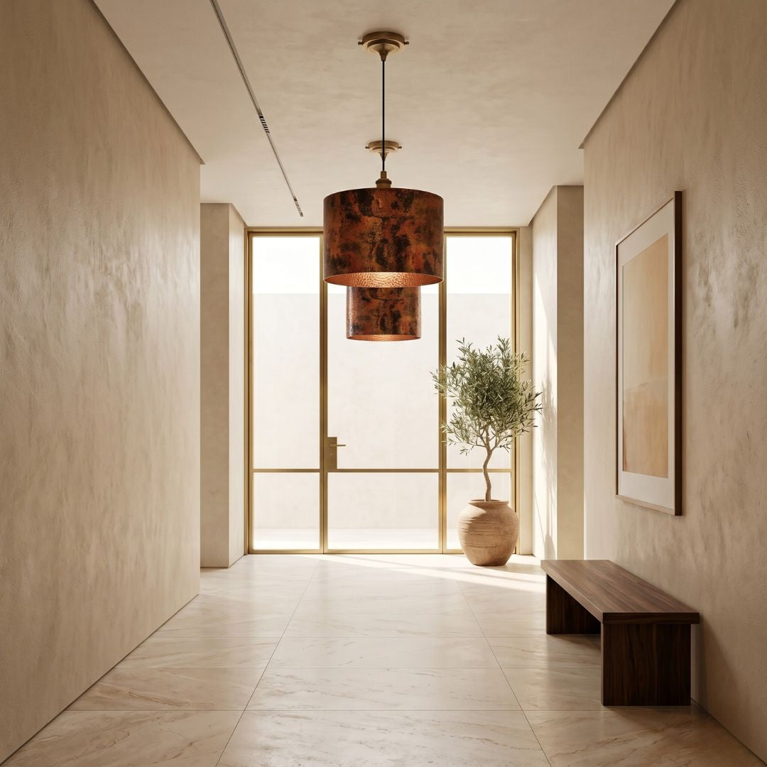 Artisan Oxidized Copper Drum Pendant Light | Hammered Patina