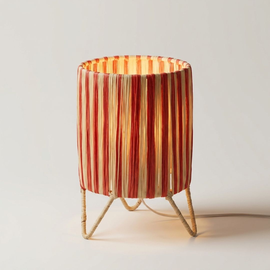 Striped Raffia Table Lamp – Woven Cylinder Tabletop Light