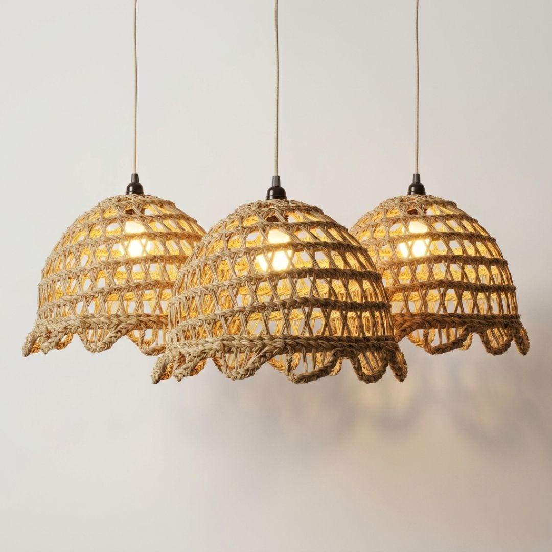 Hand-Woven Natural Raffia Bell Pendant Light
