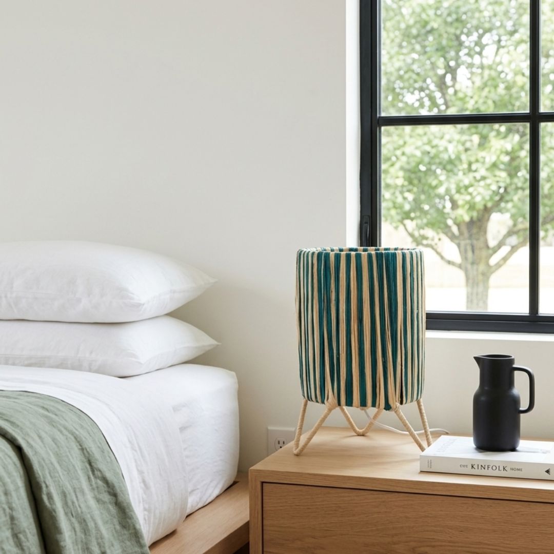 Striped Raffia Table Lamp – Teal & Cream Woven Cylinder Light