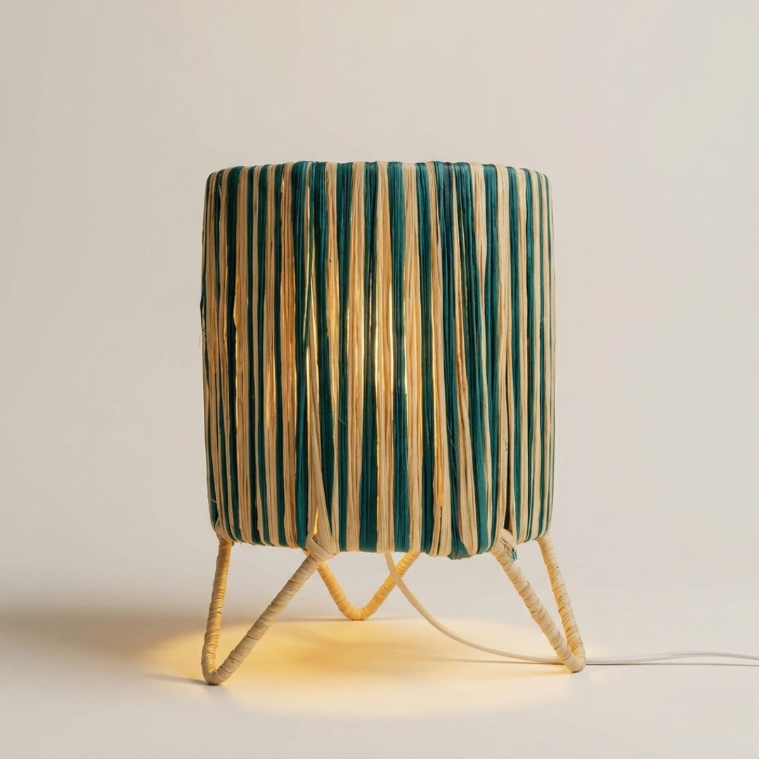 Striped Raffia Table Lamp – Teal & Cream Woven Cylinder Light