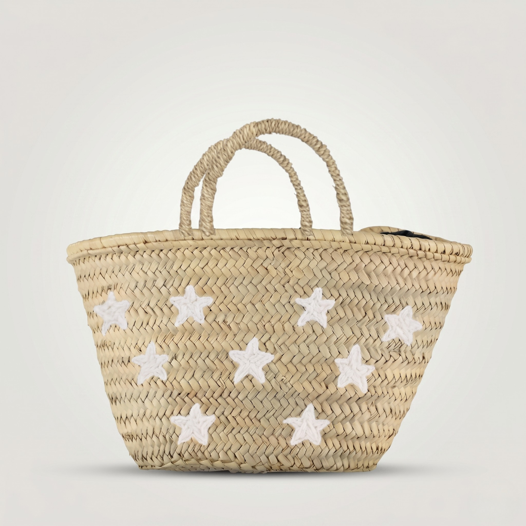 Artisan Moroccan Straw Basket with Hand-Embroidered White Stars