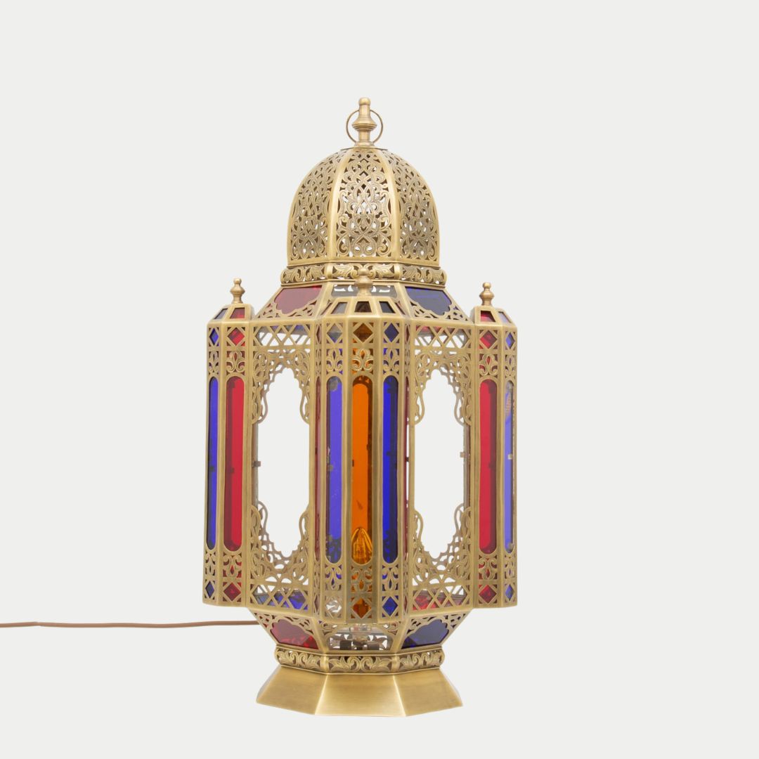 Hand-Etched Filigree Lantern with Multicolor Stained Glass