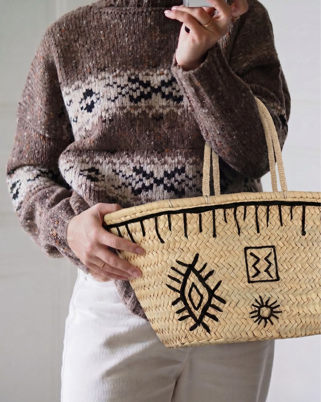 The Atlas Artisanal Raffia Tote | Handwoven with Black Geometric Motifs