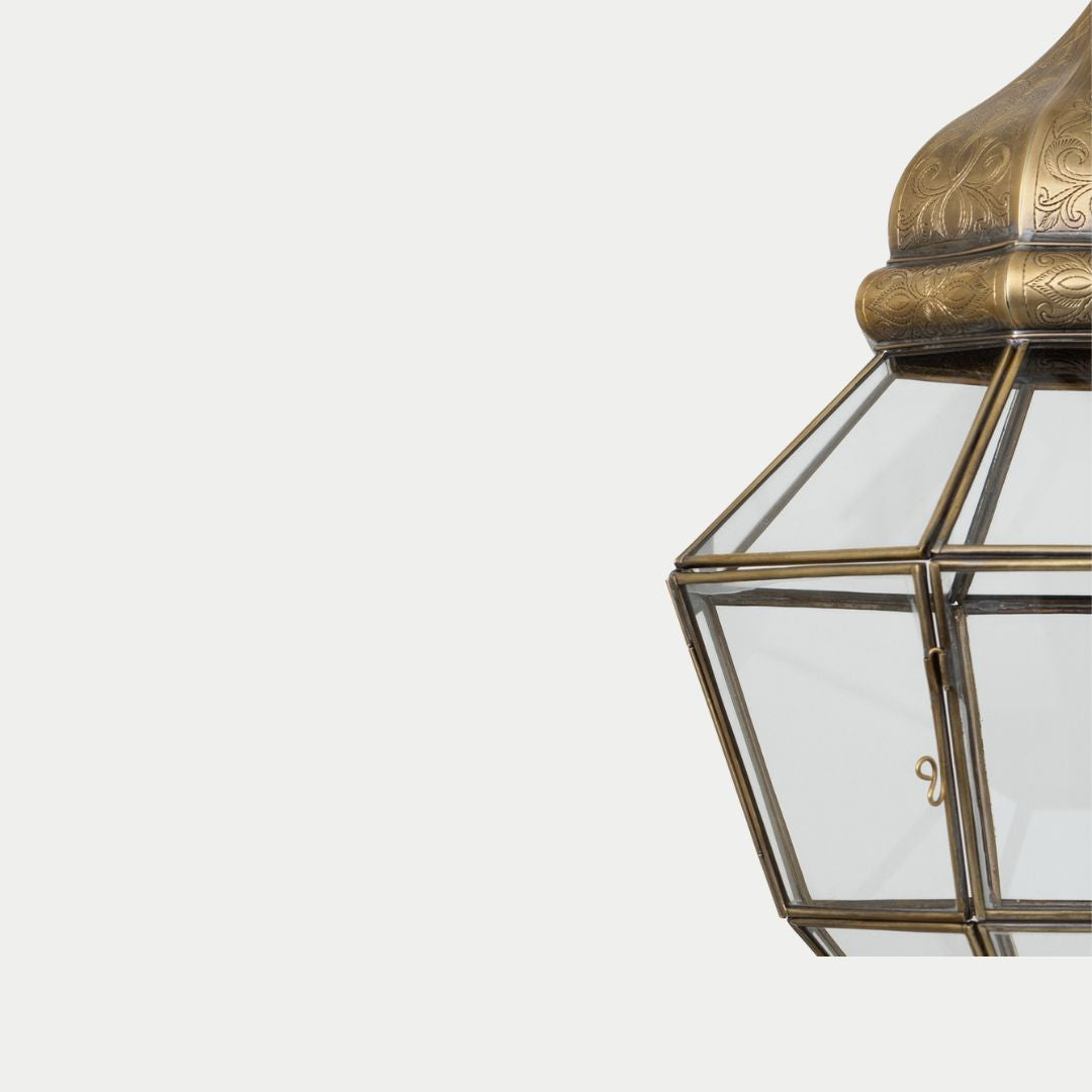 Niama : Hand-Etched Moroccan Brass & Clear Glass Lantern
