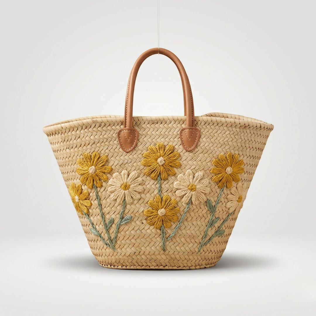 The Sunlit Floral Raffia Tote | Hand-Embroidered Daisies & Leather Handles