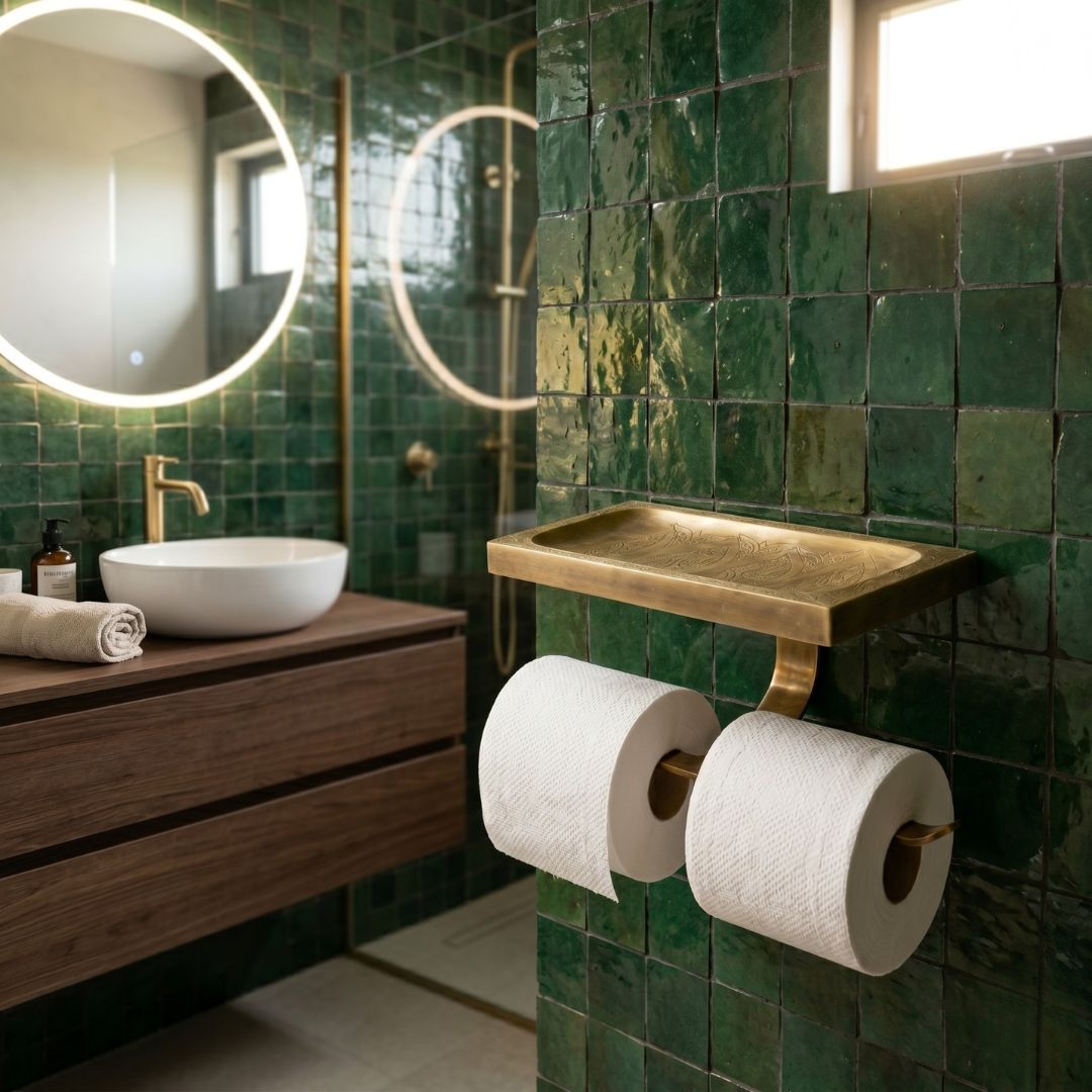 Hand-Etched Brass Toilet Paper Holder with Integrated Tray