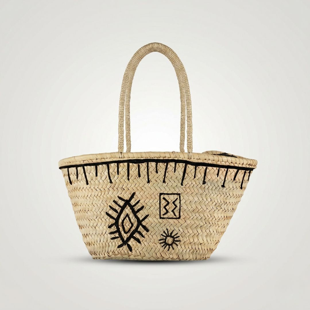 The Atlas Artisanal Raffia Tote | Handwoven with Black Geometric Motifs