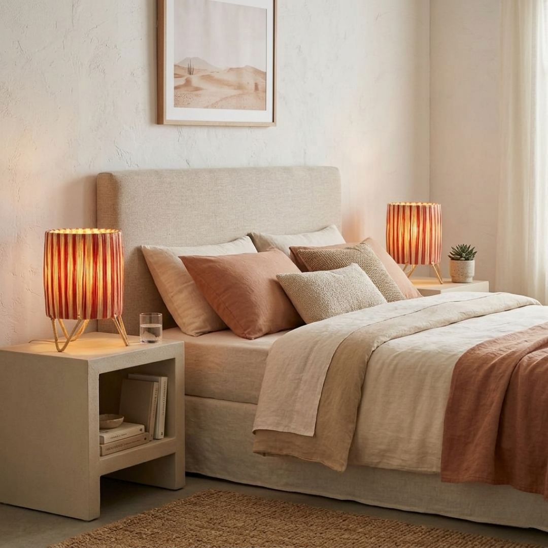 Striped Raffia Table Lamp – Woven Cylinder Tabletop Light