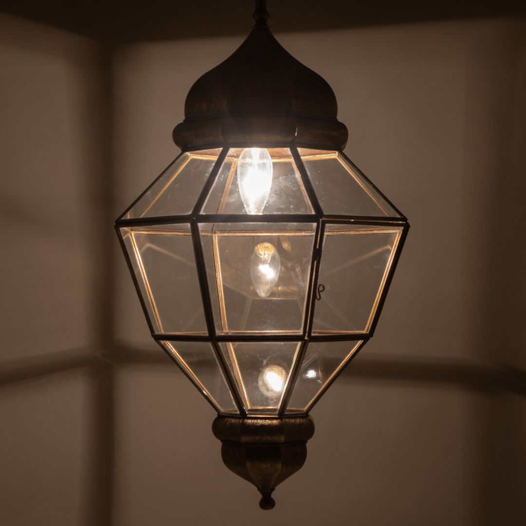 Niama : Hand-Etched Moroccan Brass & Clear Glass Lantern