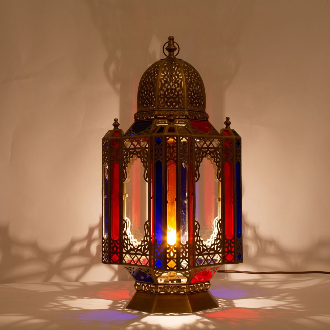 Hand-Etched Filigree Lantern with Multicolor Stained Glass