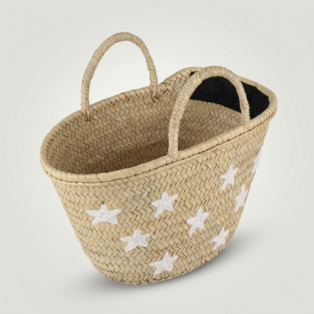 Artisan Moroccan Straw Basket with Hand-Embroidered White Stars
