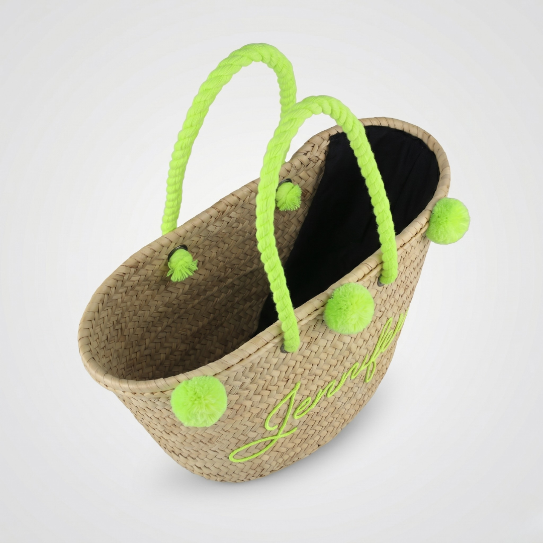 Custom Embroidered Straw Tote – Neon Lime Edition