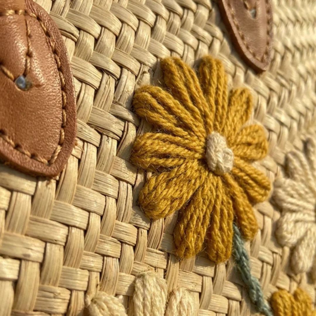 The Sunlit Floral Raffia Tote | Hand-Embroidered Daisies & Leather Handles
