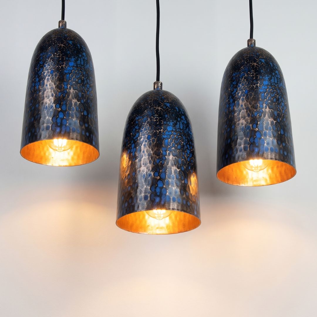 Hammered Copper Pendant Lamp – Azure Blue Patina Finish