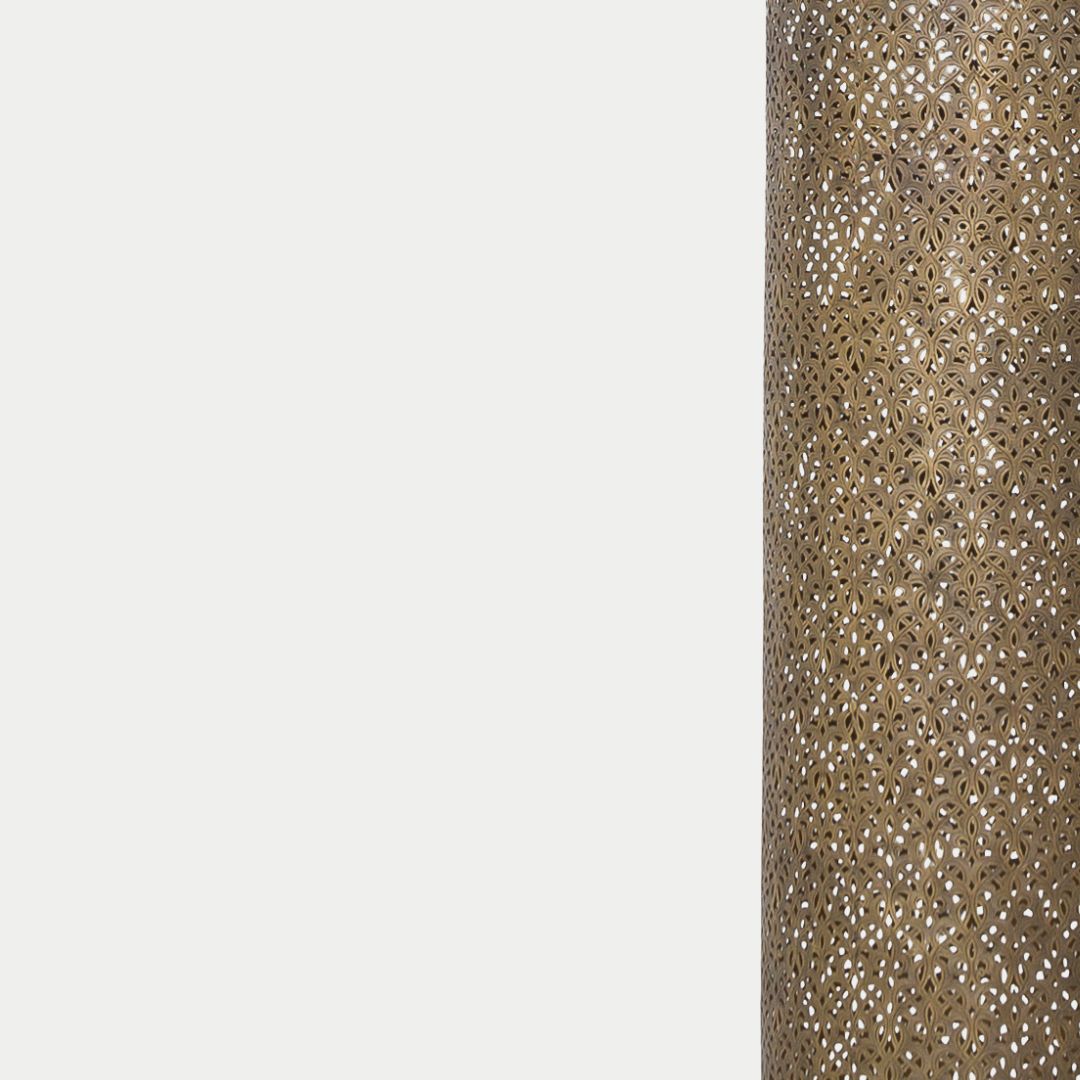 Ashraqat :Tall Cylindrical Hand-Etched Brass Pendant Light