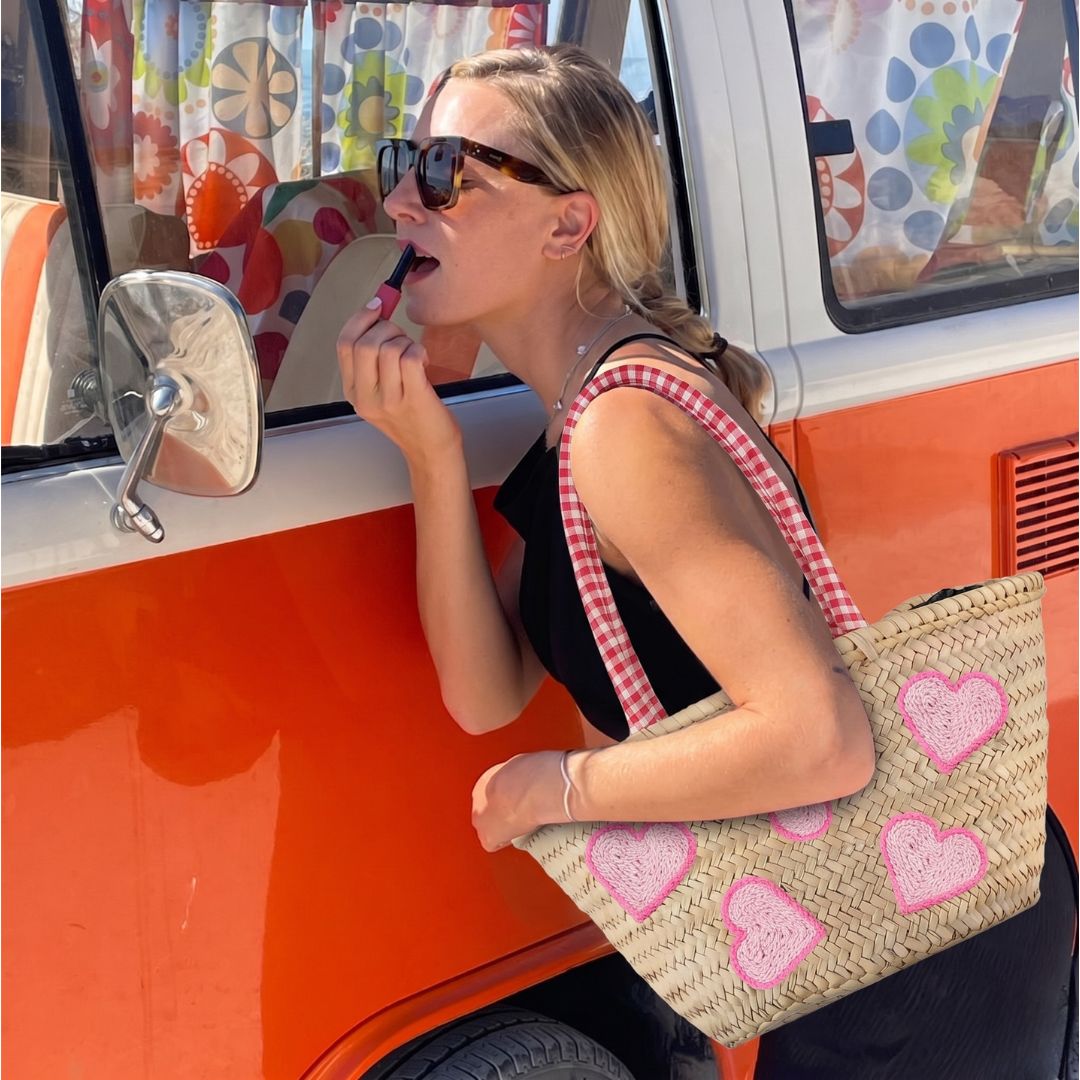 The Amour Artisanal Woven Tote | Pink Hearts & Gingham Handles