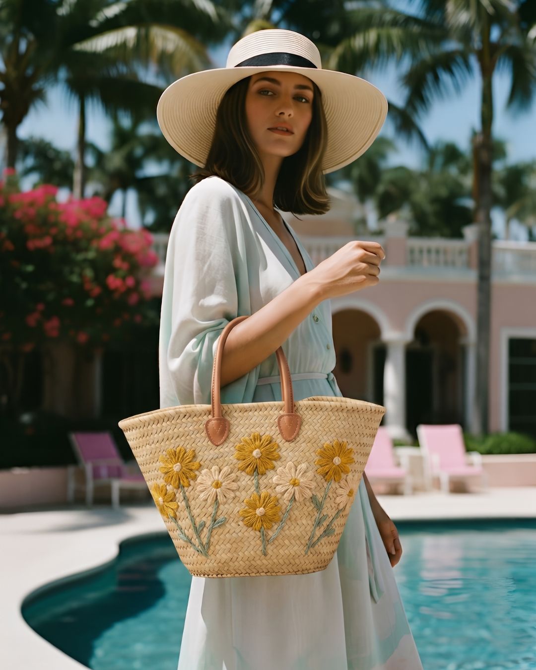The Sunlit Floral Raffia Tote | Hand-Embroidered Daisies & Leather Handles