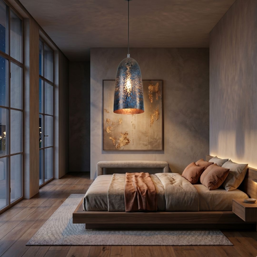 Hammered Copper Pendant Lamp – Azure Blue Patina Finish