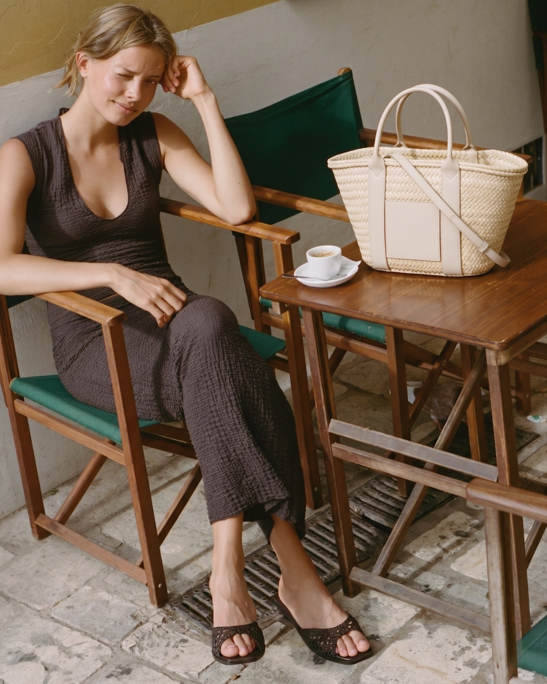 Hand-Woven Leather-Trimmed Tote in Cream