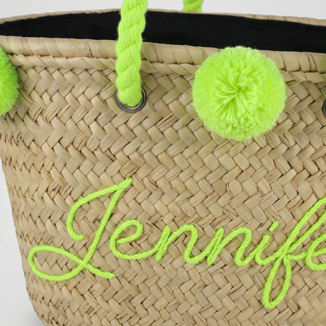 Custom Embroidered Straw Tote – Neon Lime Edition