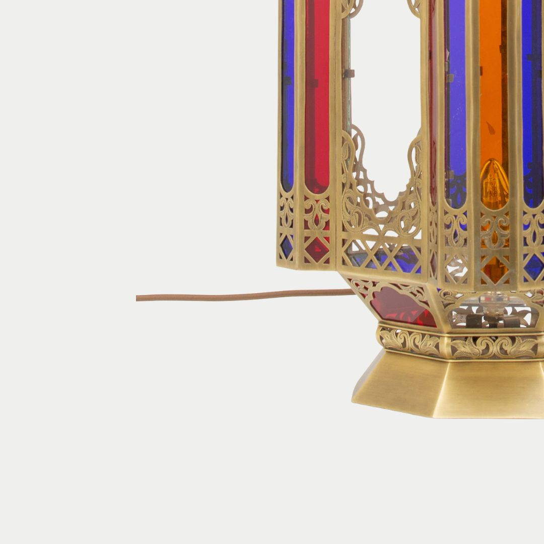 Hand-Etched Filigree Lantern with Multicolor Stained Glass