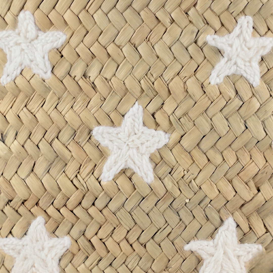 Artisan Moroccan Straw Basket with Hand-Embroidered White Stars
