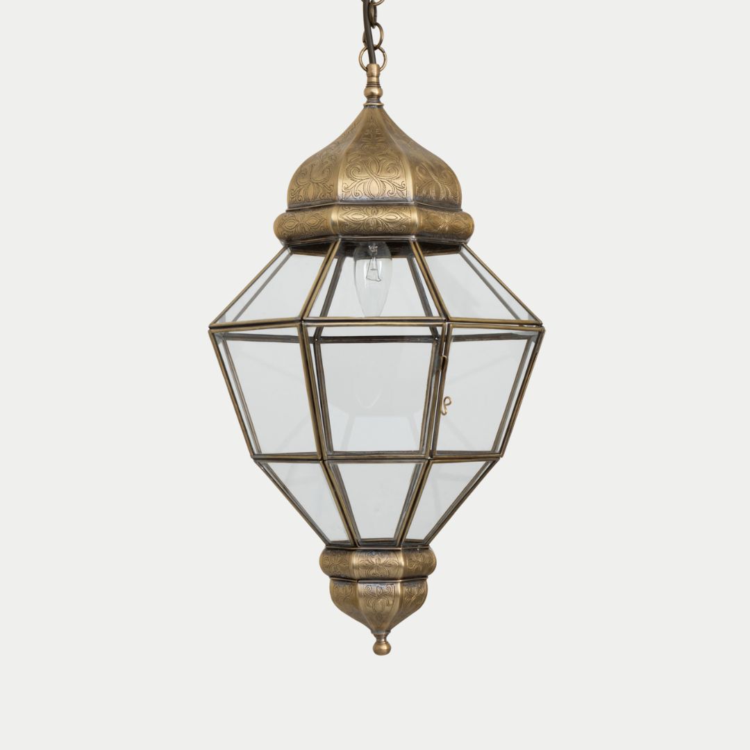Niama : Hand-Etched Moroccan Brass & Clear Glass Lantern