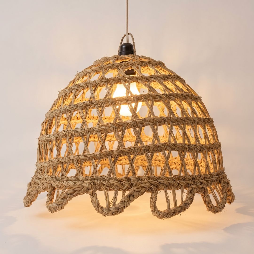 Hand-Woven Natural Raffia Bell Pendant Light